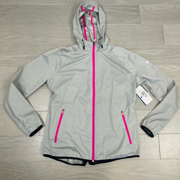 Asics Run Light Jacket Gray Heather Pink Trim Mesh Windbreaker Shell WT0851CW L - Picture 8 of 16